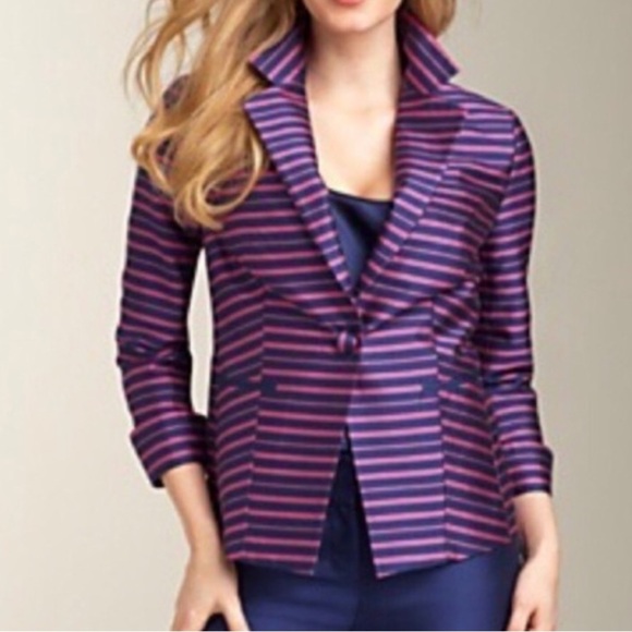 Talbots Grace Fit Pink Navy  Stripe Doupioni Silk Blend Blazer - Picture 2 of 8